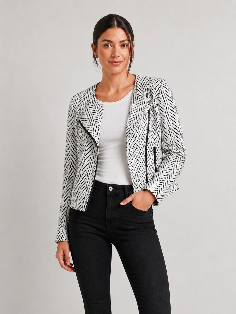 41 Hawthorn Black & White Zigzag Zip-Front Jacket